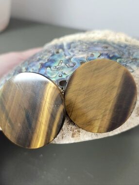 Large Golden Brown Round Tiger's Eye Stone Discs Stud Earrings Statement Jewelry